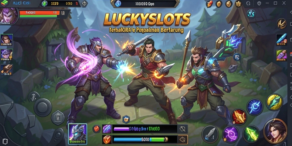 Screenshot gameplay LUCKYSLOTS yang menunjukkan pertempuran seru antar tim.