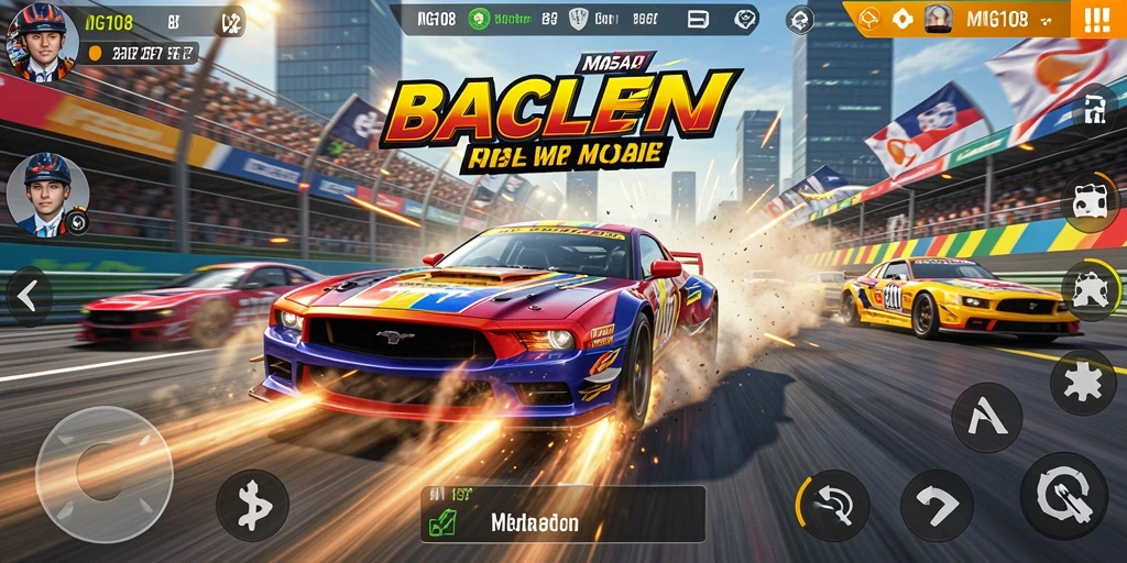 Tangkapan layar gameplay MG108 menampilkan mobil balap dalam aksi di trek yang menakjubkan.